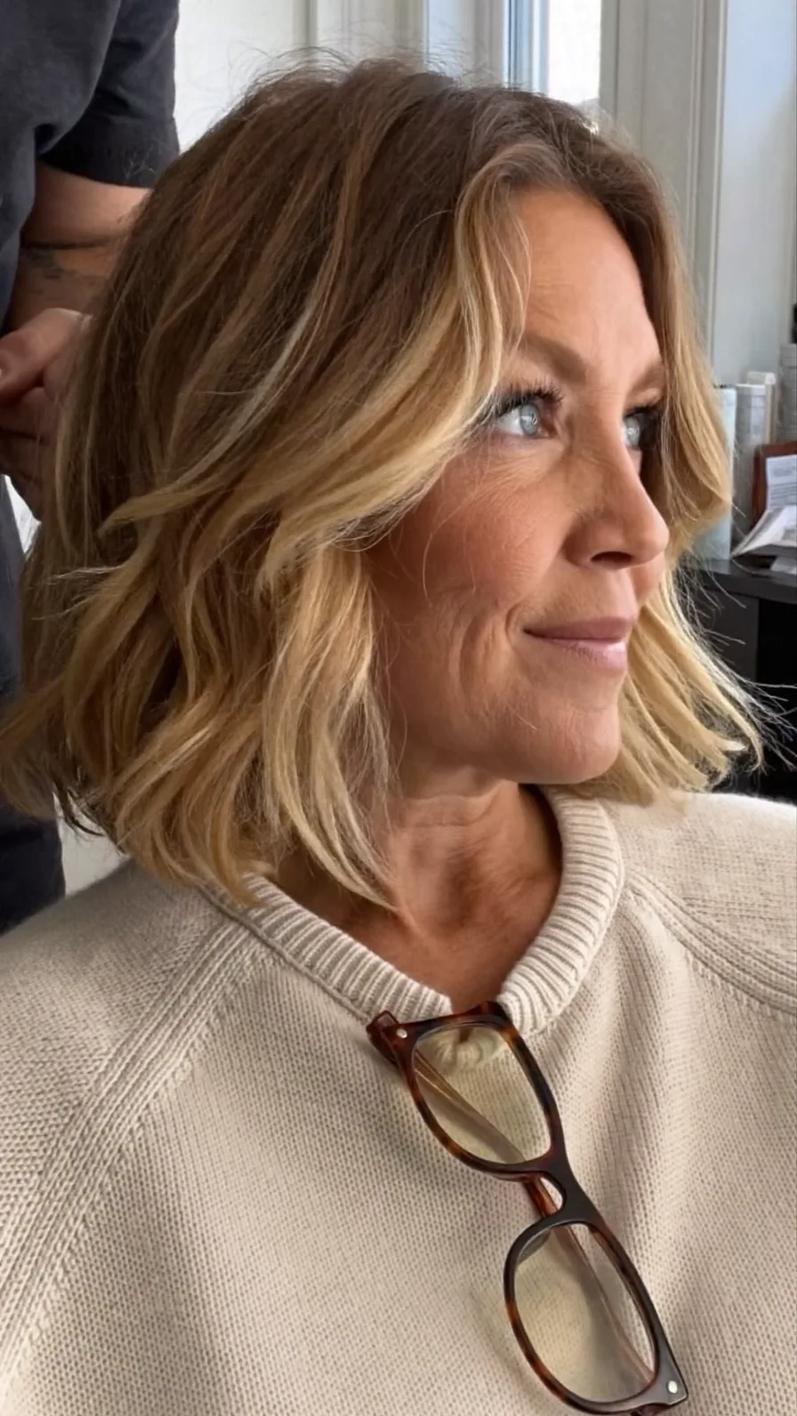 Soft Layered Lob with Warm Honey Blonde Curtain Bangs
