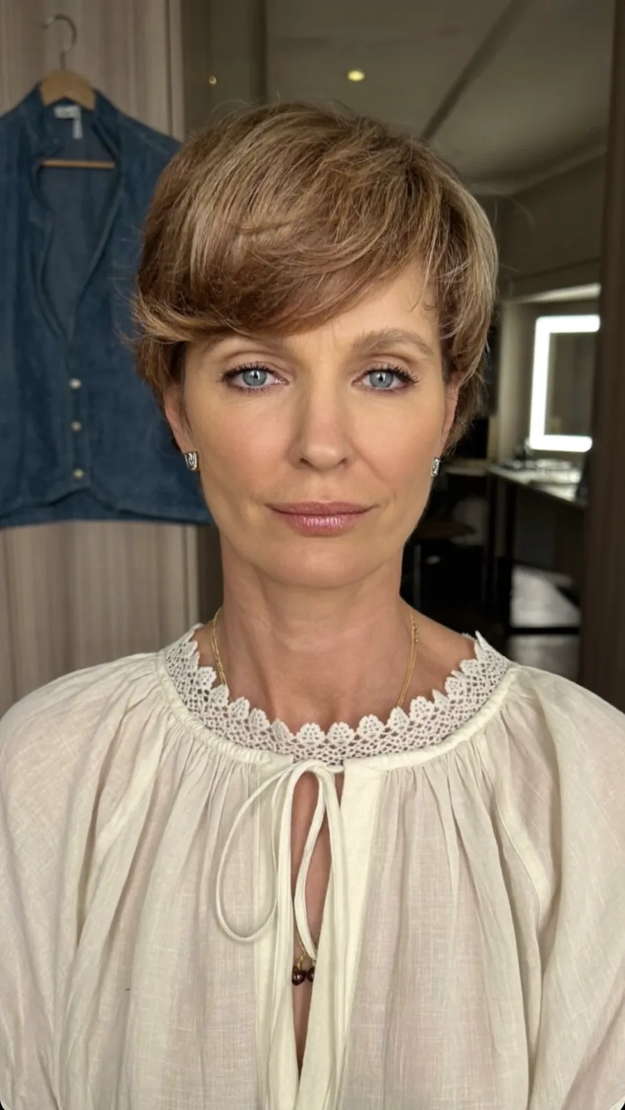 Soft Textured Short Pixie with Feathered Side-Swept Bangs