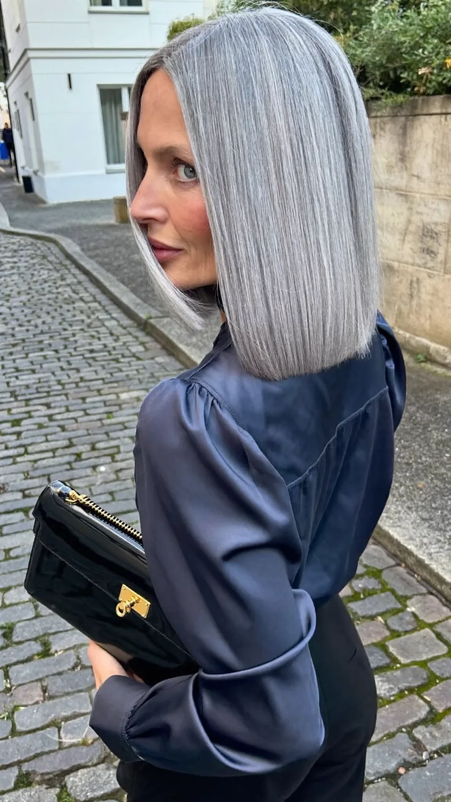 Sleek Silver Grey Blunt Cut Bob with Center Part