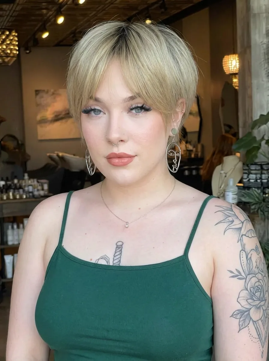 Curtain Bang Sandy Blonde Pixie with Straight Texture