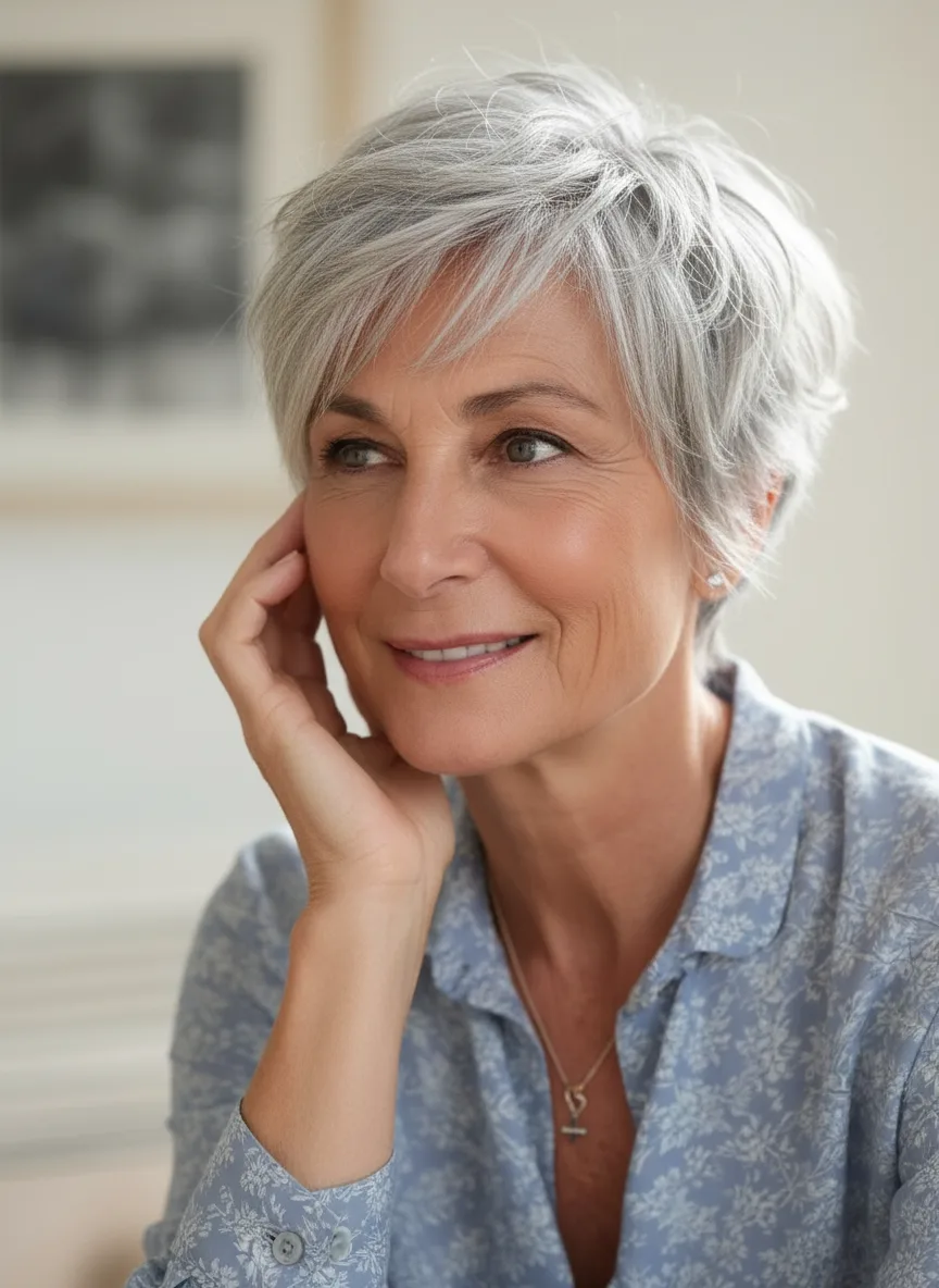 Silver Frost Straight Pixie with Side-Swept Bangs