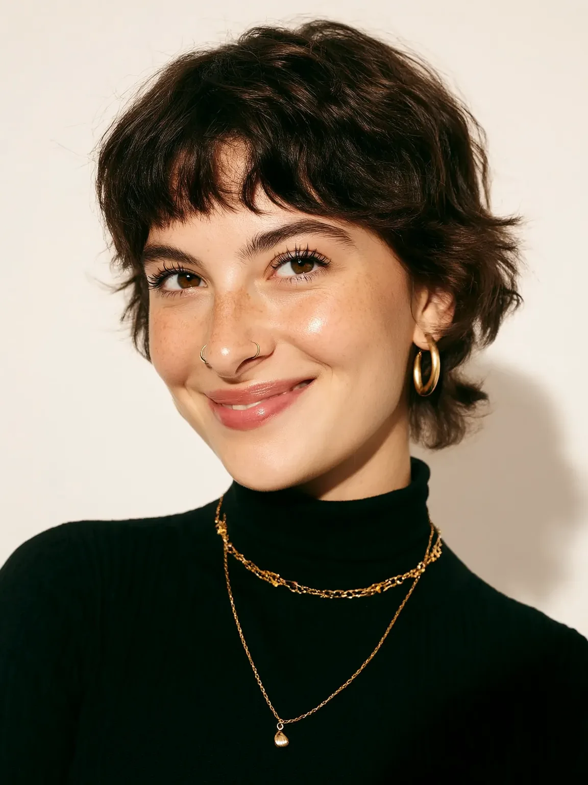 Wavy Chestnut Brown Pixie with Bold Micro Bangs