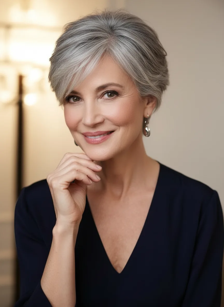Sleek Silver Frost Pixie with Side-Swept Bangs