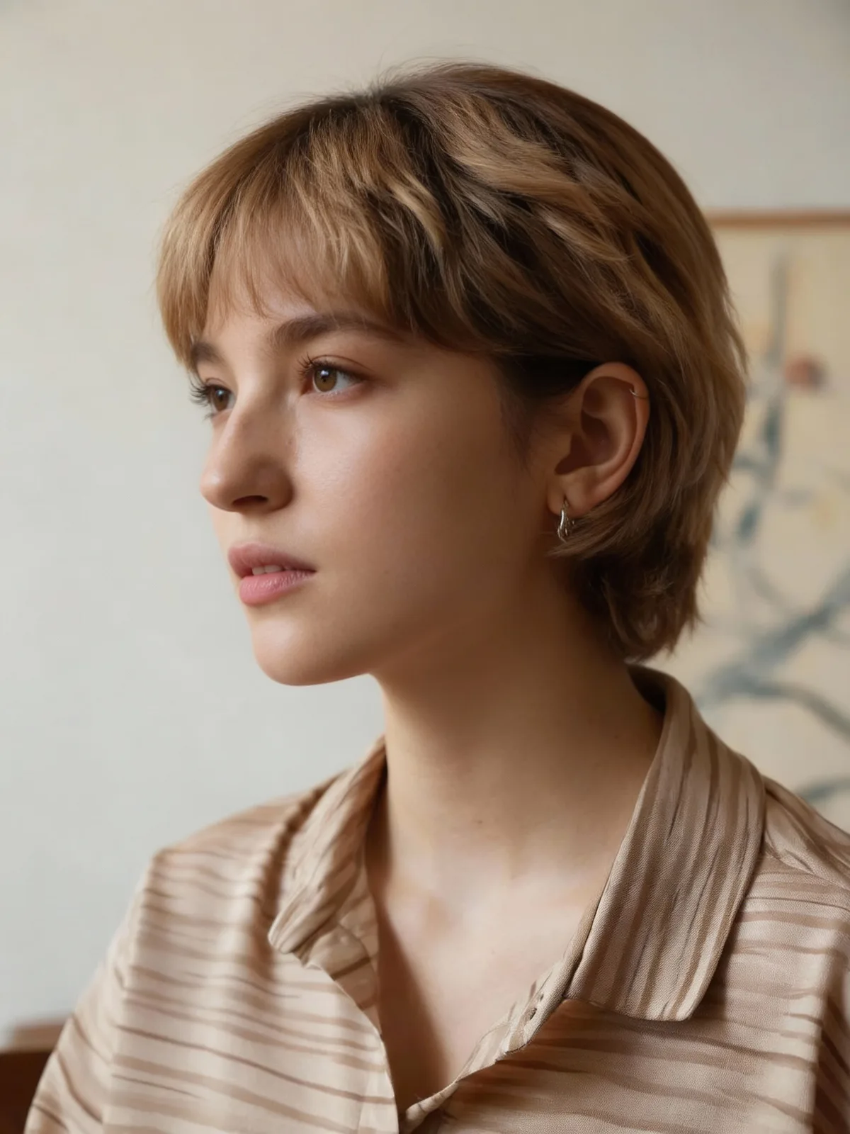Wavy Warm Caramel Brown Pixie with Wispy Fringes