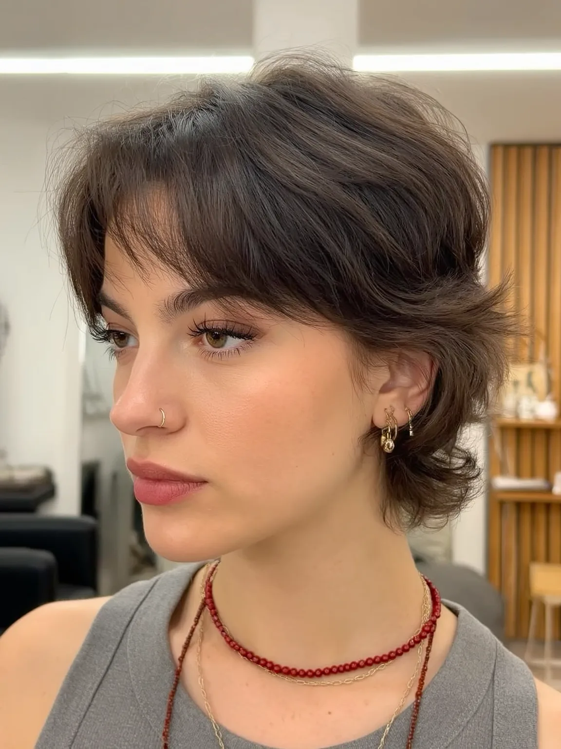 Rich Espresso Brown Wavy Shag with Wispy Bangs