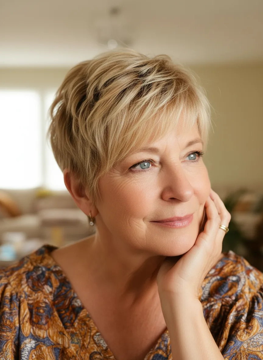 Sandy Blonde Straight Pixie with Side-Swept Bangs