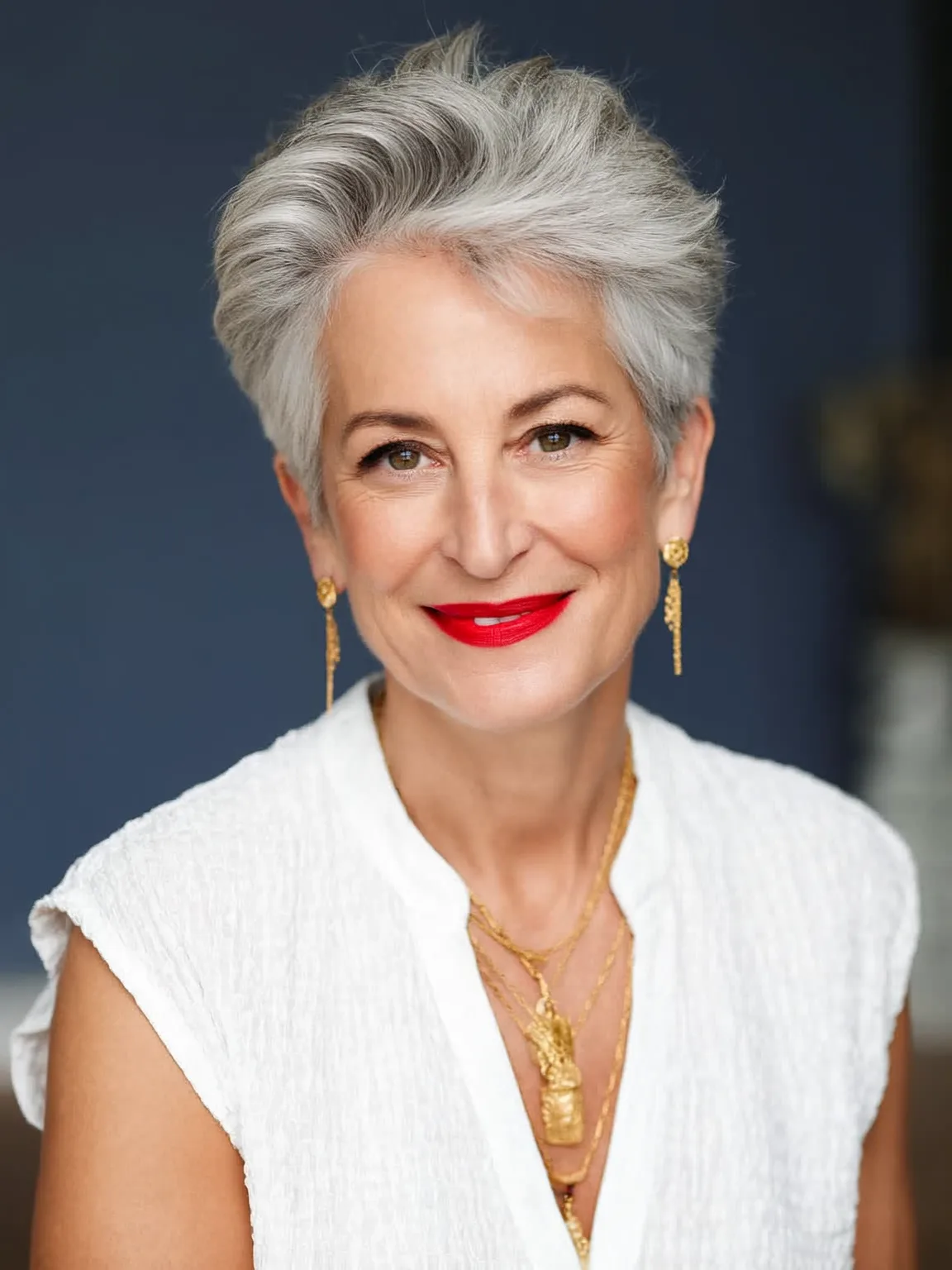 Voluminous Wavy Pixie with Side-Swept Silver Frost Bangs
