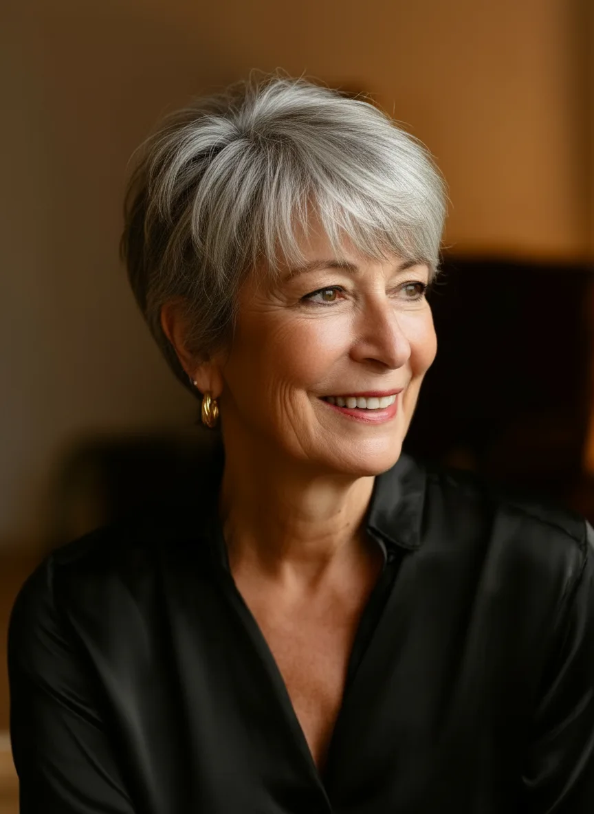 Classic Air-Dried Silver Frost Pixie with Side Bangs