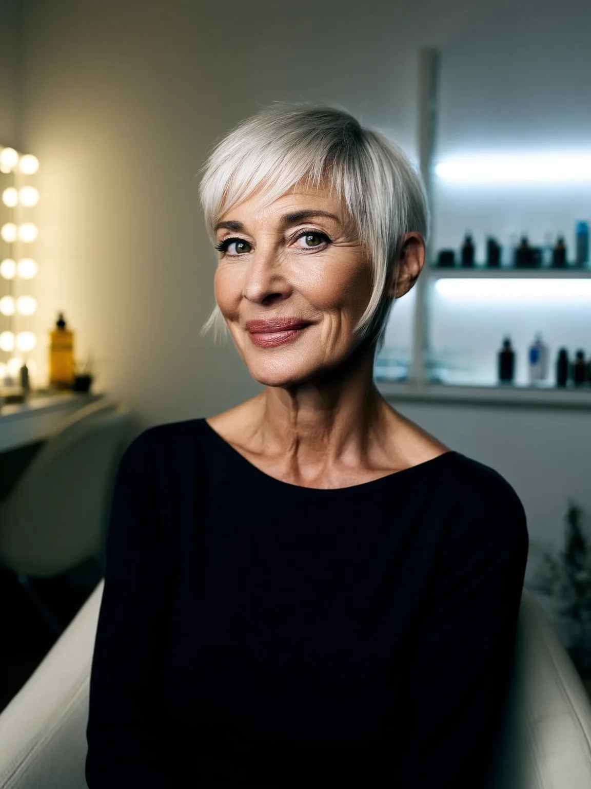 Sleek Silver Frost Pixie with Soft Side-Swept Bangs