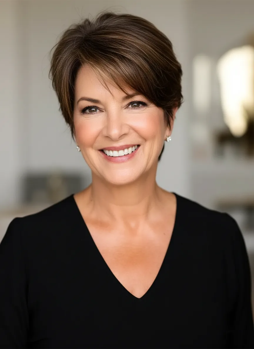 Rich Espresso Brown Pixie with Side-Swept Bangs