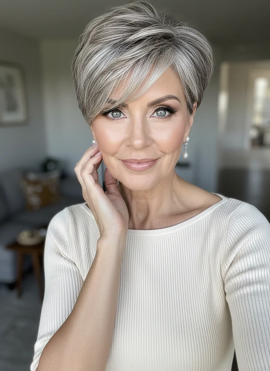Silver Frost Pixie with Soft Lowlights and Side Bangs
