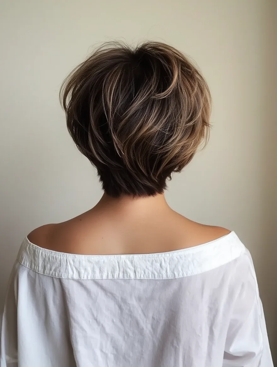 Voluminous Wavy Pixie with Chocolate-Caramel Highlights