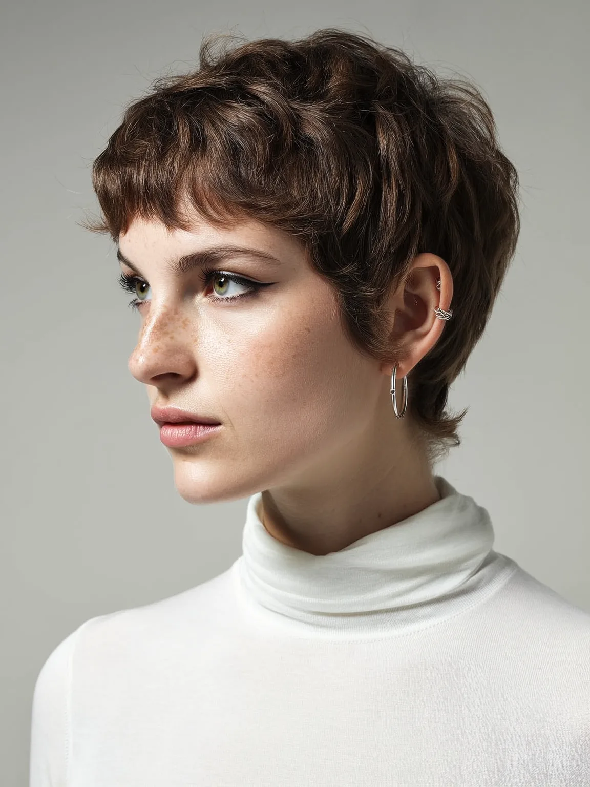 Chestnut Brown Pixie with Micro Bangs on Diamond Shape