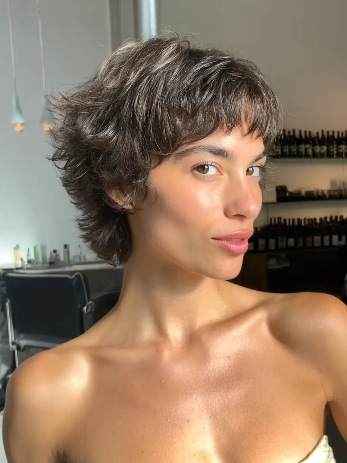 Smoky Brown Wavy Shag with Micro Bangs