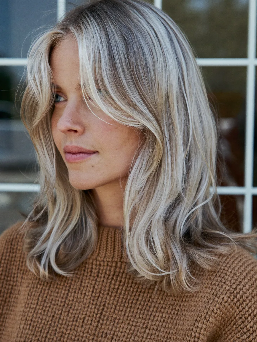 Modern Ash Blonde Shoulder-Length Hair with Curtain Bangs