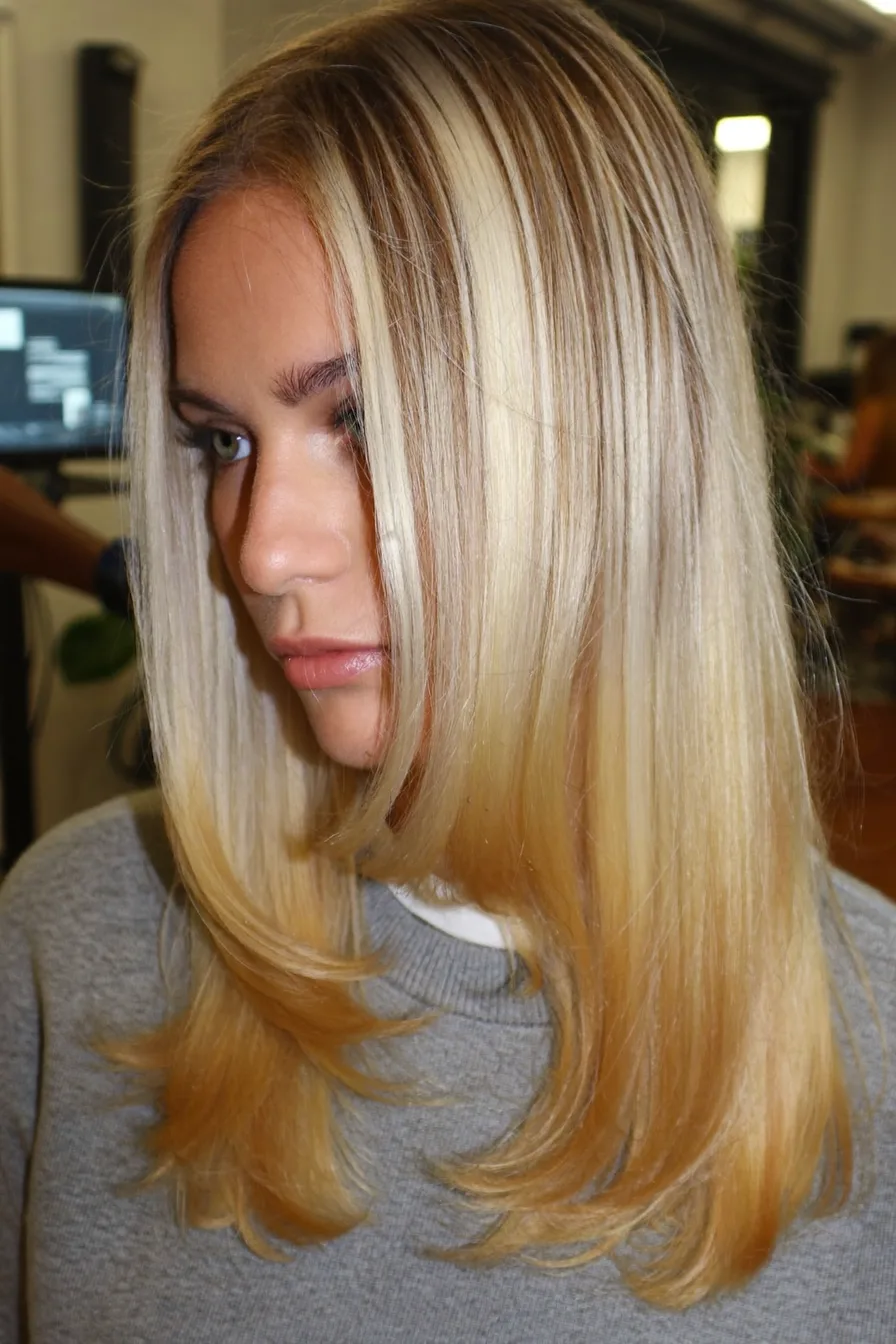 Sleek Shoulder-Length Ash Blonde Hair with Curtain Bangs