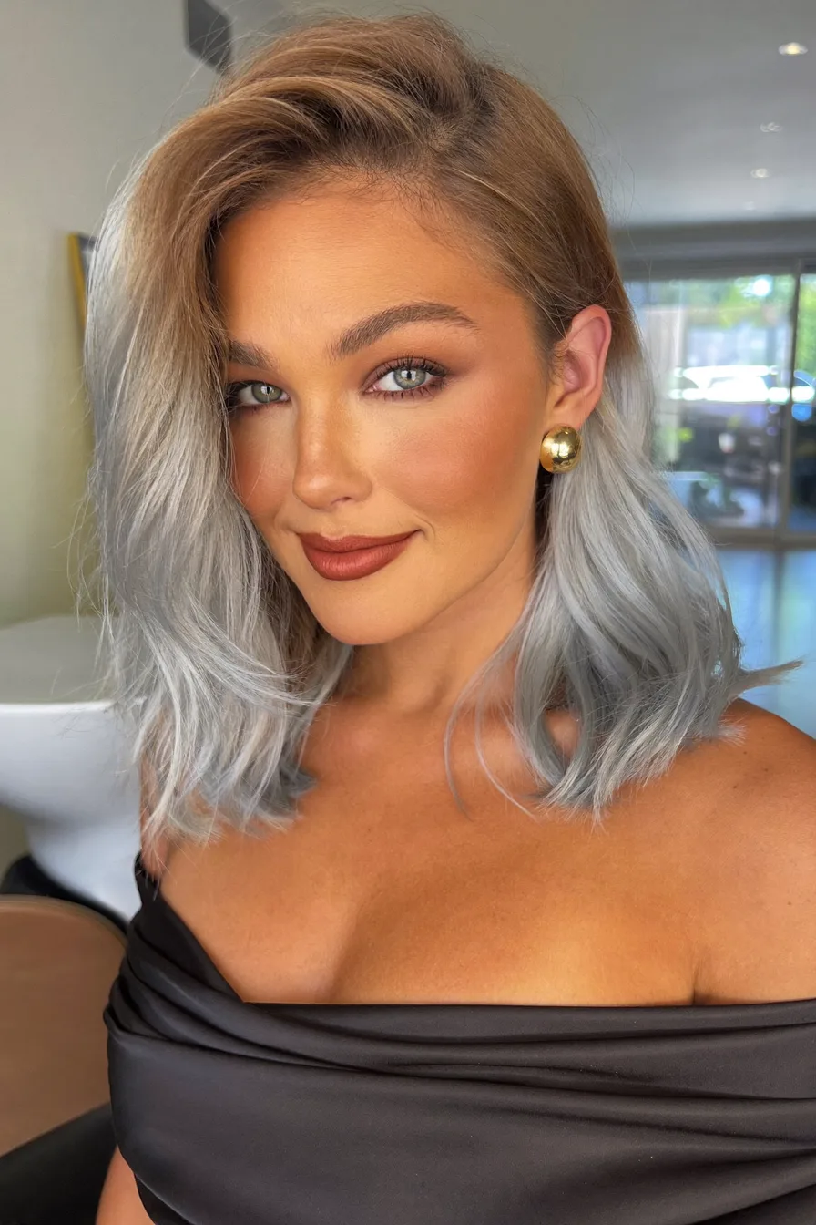 Modern Ash Blonde Ombre Lob with Textured Waves
