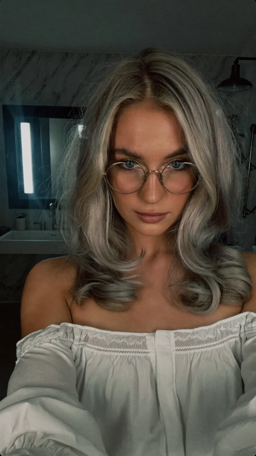 Classic Center-Parted Shoulder-Length Platinum Ash Blonde Hair