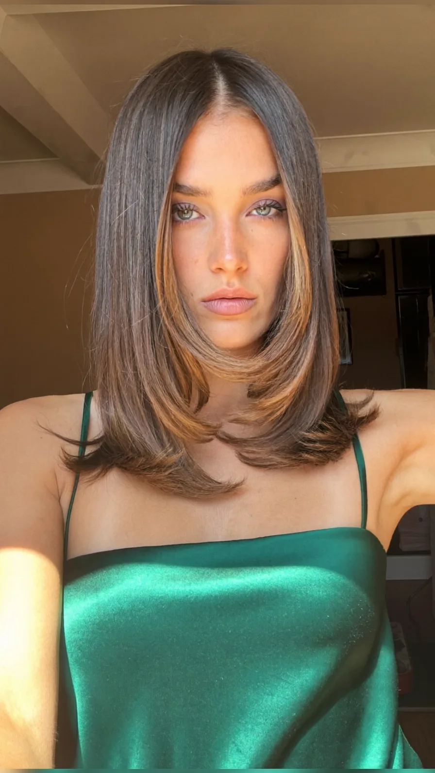 Modern Shoulder-Length Long Layers with Caramel Money-Piece Highlights