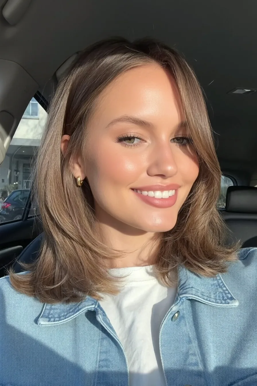 Sleek Shoulder-Length Long Layers with Side-Swept Bangs