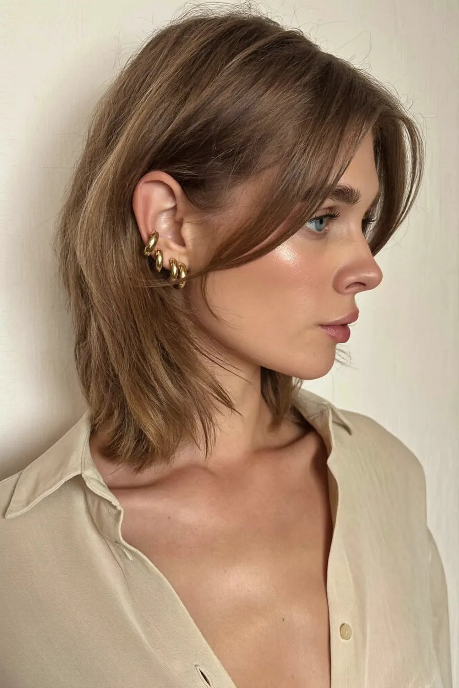 Modern Layered Shoulder-Length Hairstyle with Curtain Bangs