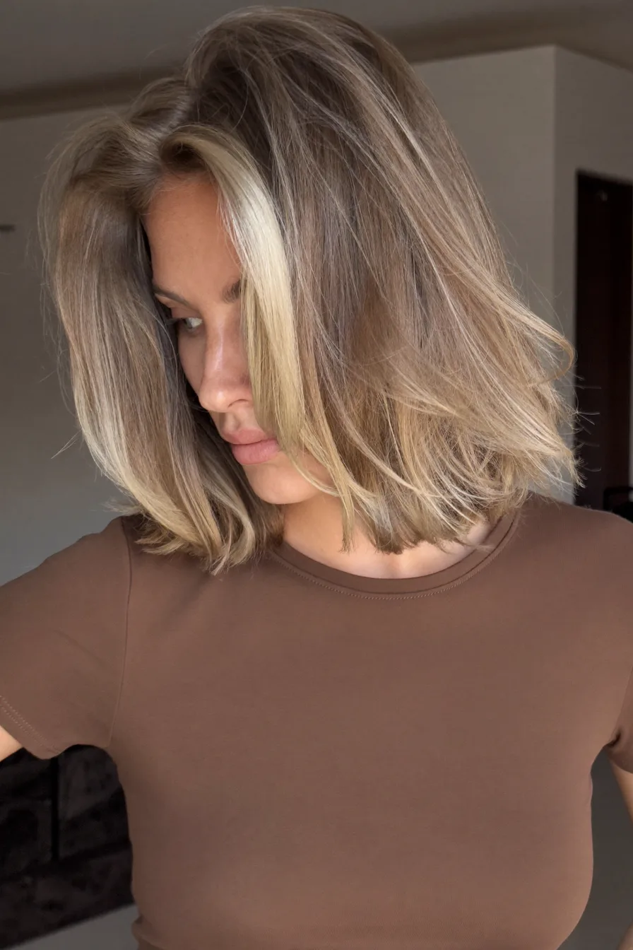 Soft Shoulder-Length Blunt Bob with Subtle Side-Swept Highlights