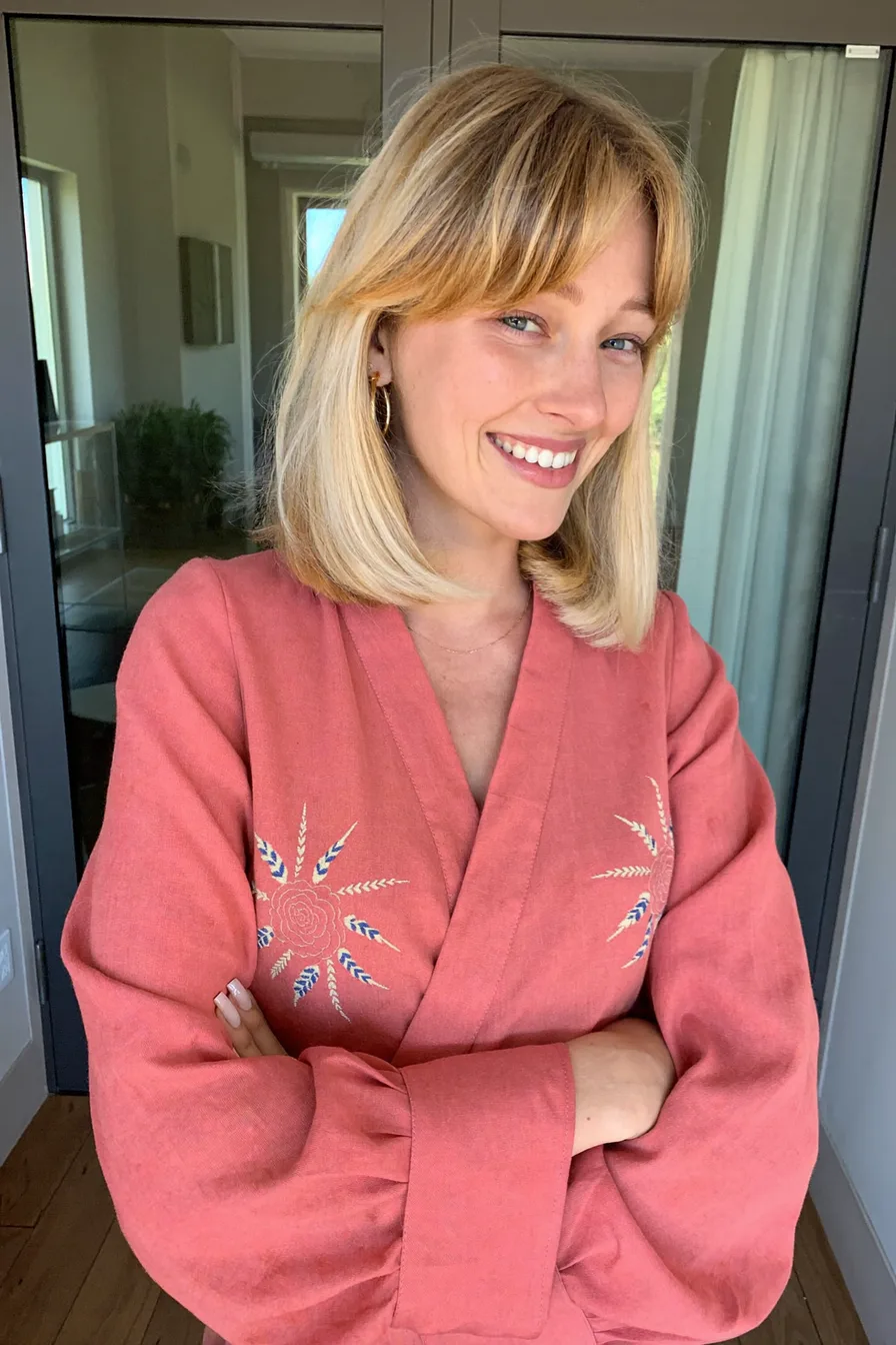 Soft Warm Honey Blonde Blunt Bob with Curtain Bangs