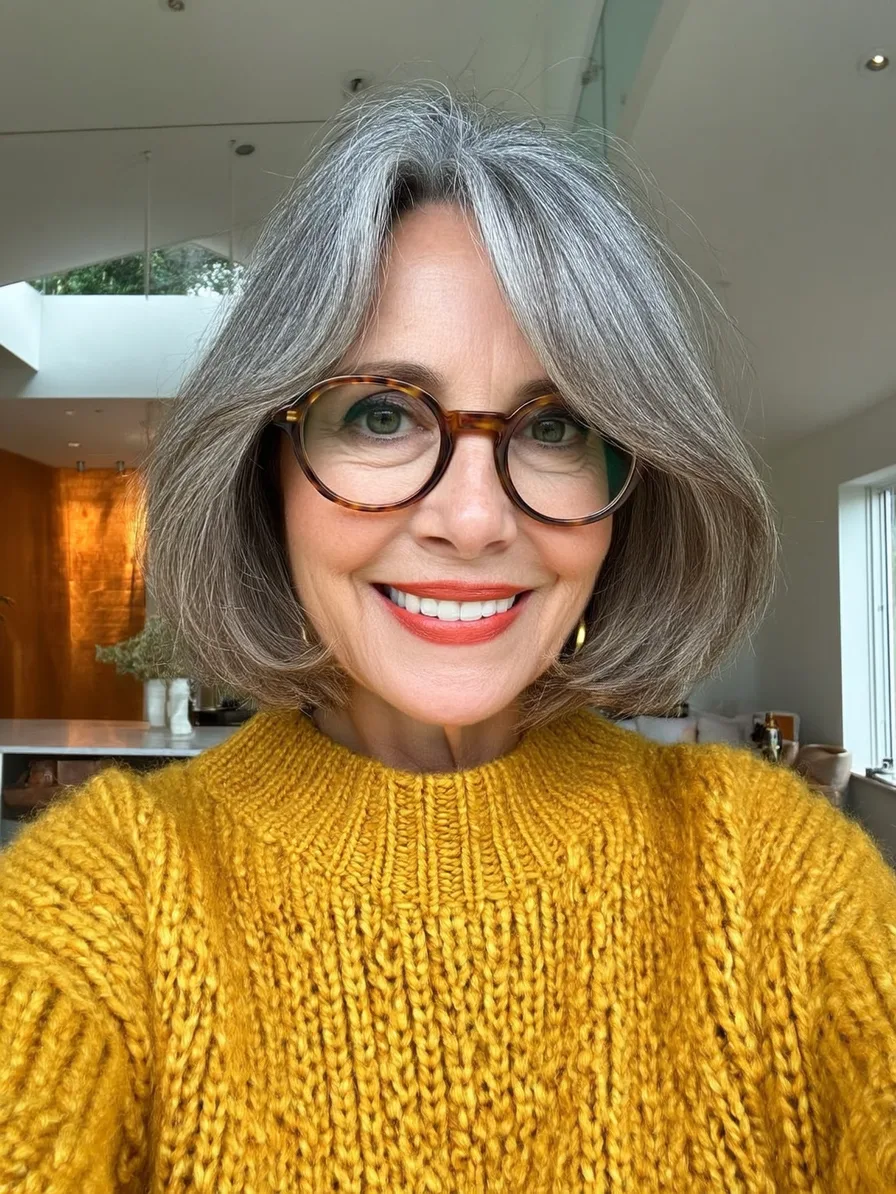 Classic Shoulder-Length Bob with Curtain Bangs for Mature Women