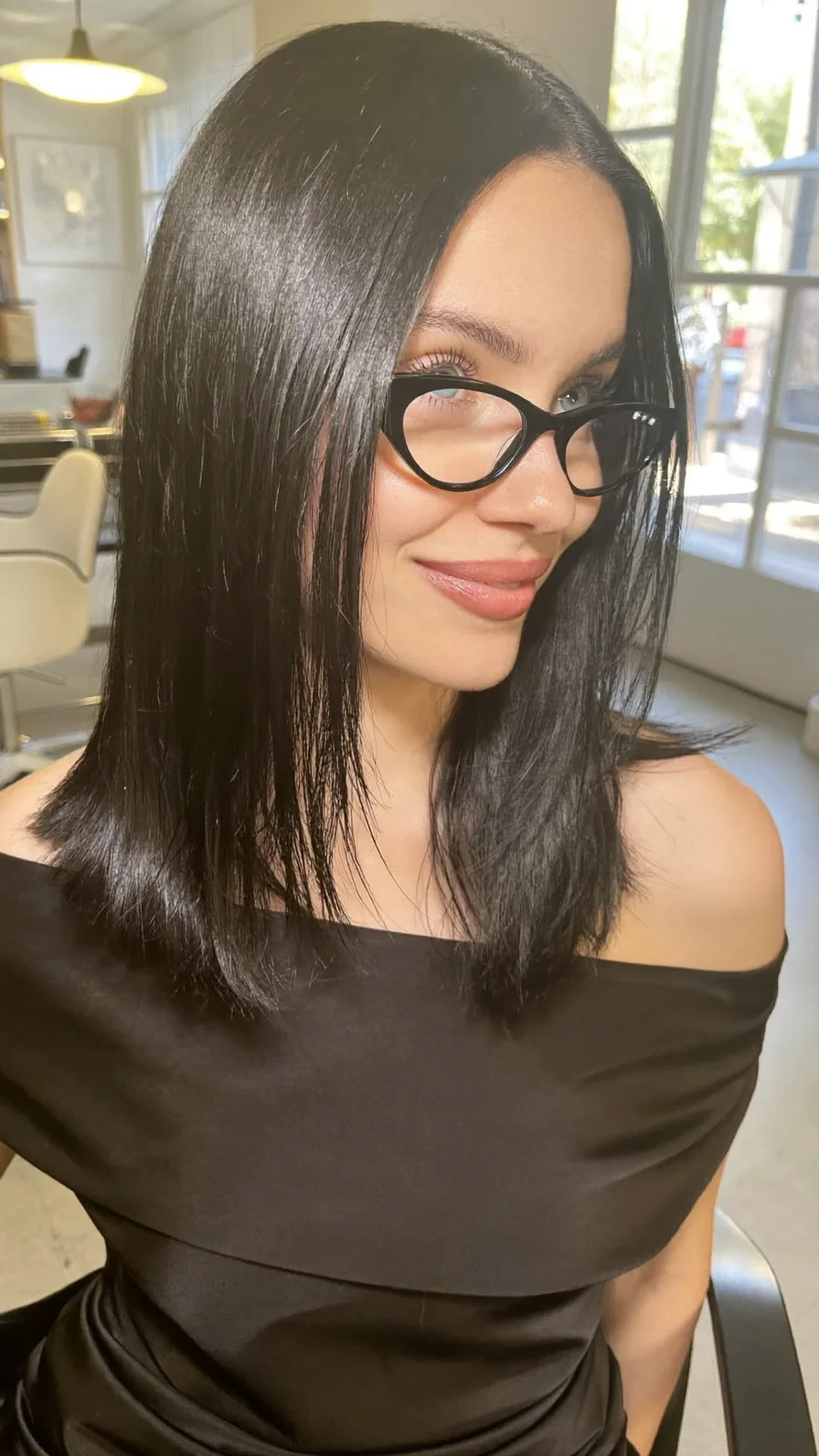Sleek Shoulder-Length Jet Black Blunt Bob Hairstyle