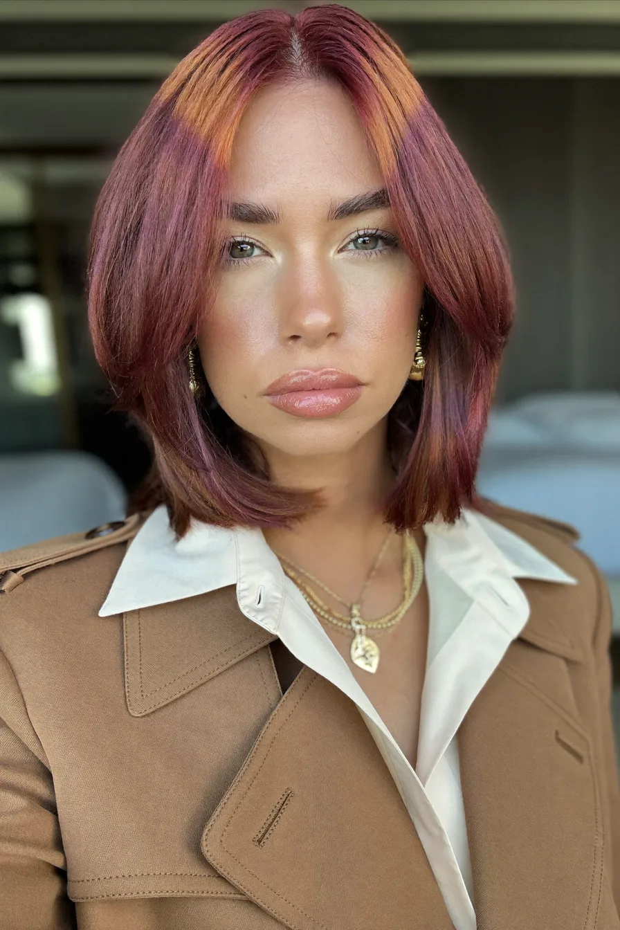 Modern Deep Burgundy Lob with Warm Copper Root Shadow