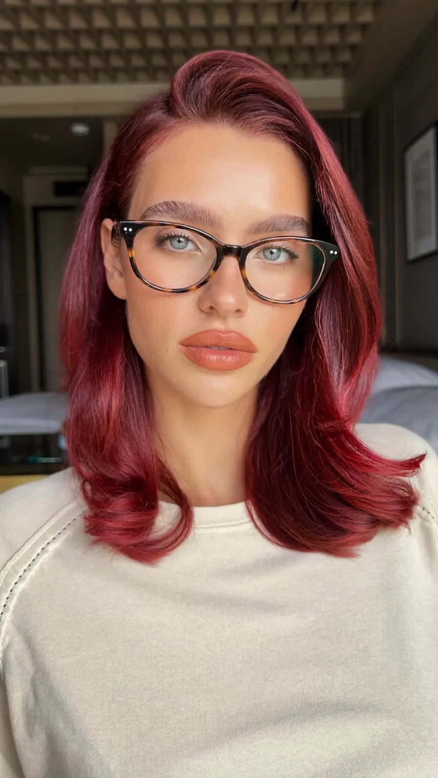 Rich Burgundy Shoulder-Length Flowing Long Layers Haircut