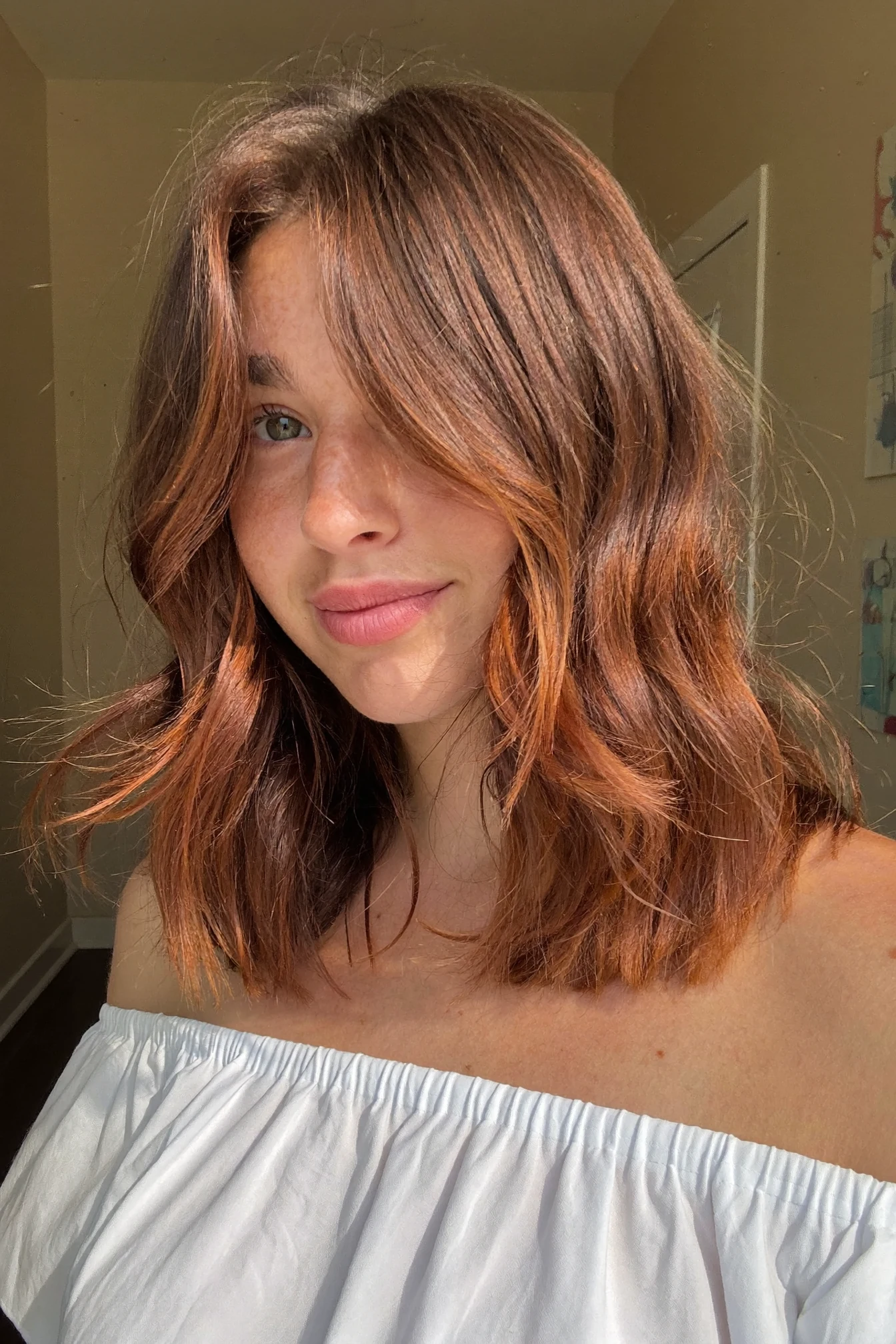All-Over Caramel Lob with Curtain Bangs and Waves