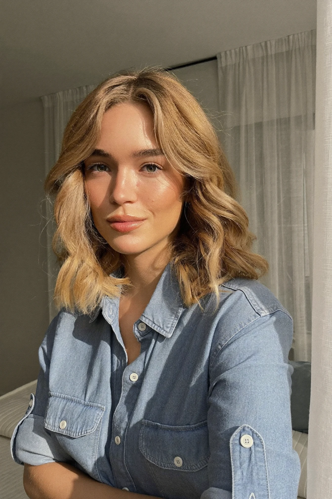 Balayage Lob with Curtain Bangs and Defined Waves