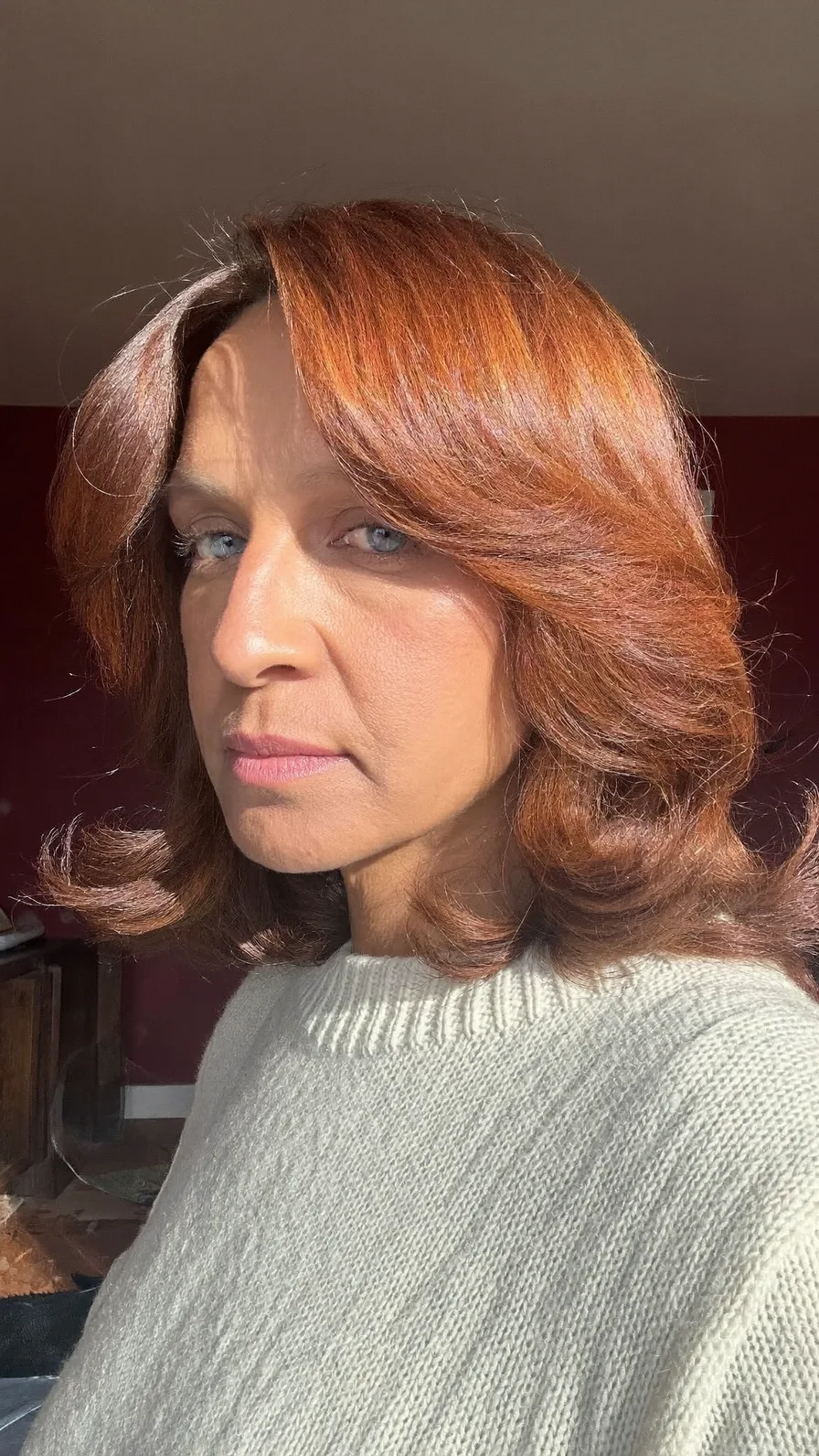 Shoulder-Length Copper Auburn Hair with Flicked Ends