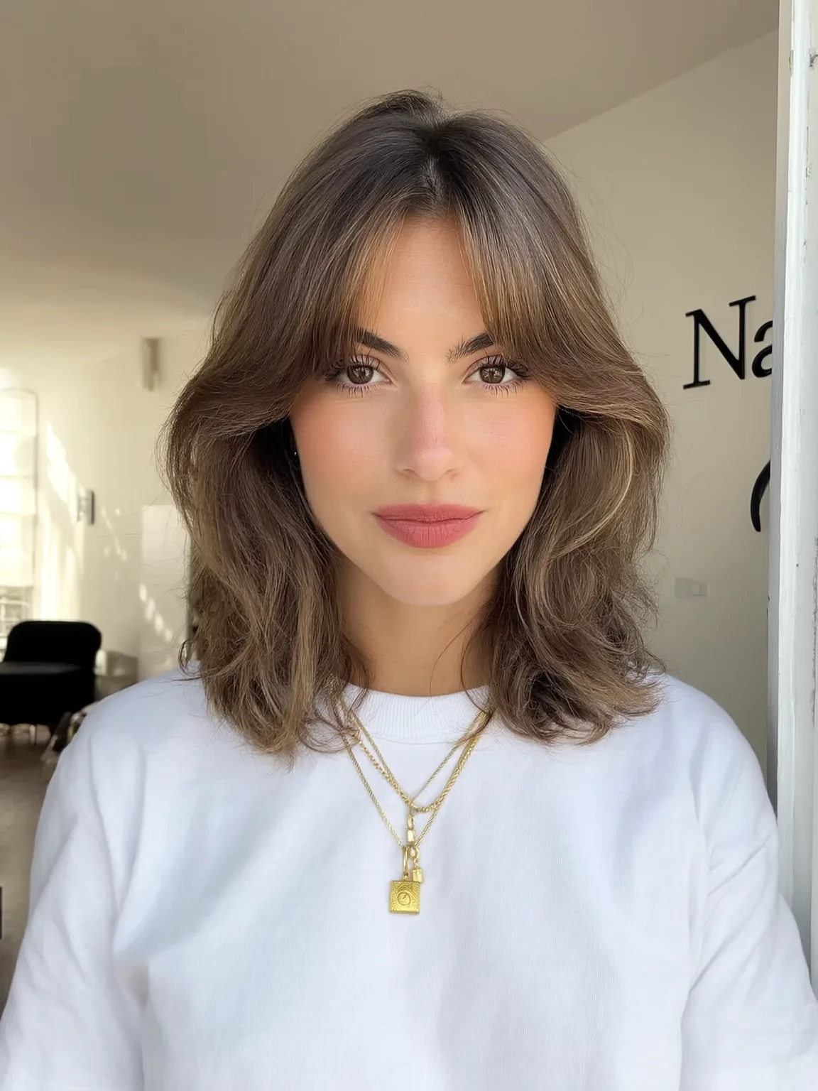 Soft Chestnut Brown Wavy Lob with Curtain Bangs