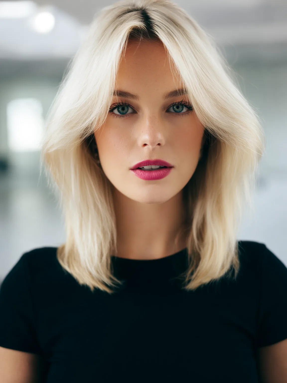 Platinum Blonde Sleek Lob with Curtain Bangs