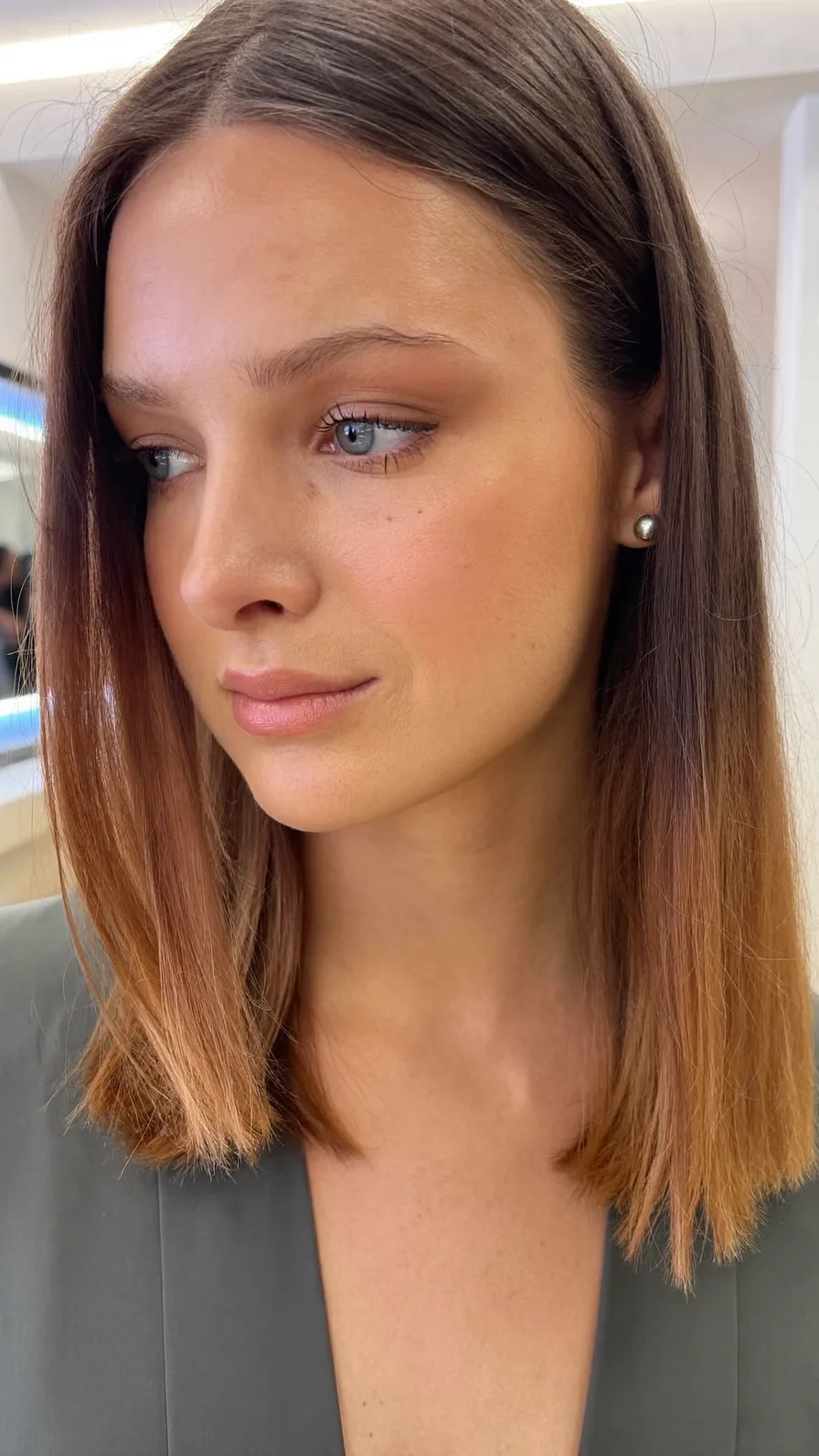 Sleek Blunt Lob with Warm Caramel Ombre Color