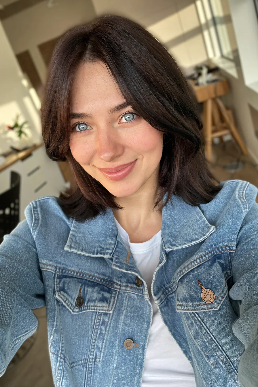 Shoulder-Length Dark Brown Hair with Soft Curtain Bangs