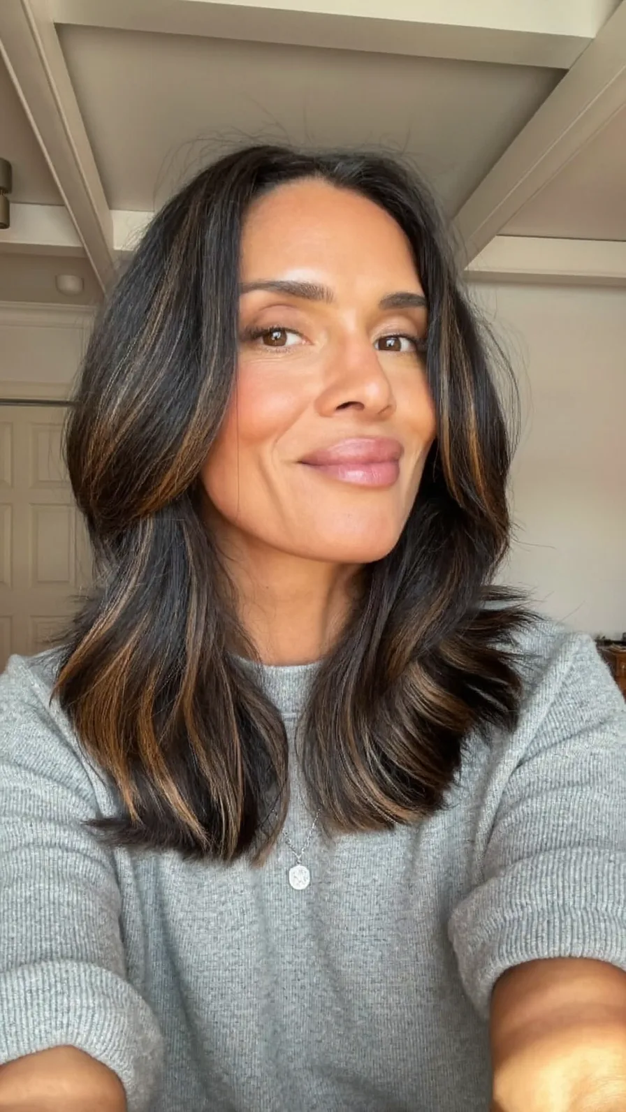 Shoulder-Length Long Layers with Caramel Brown Balayage Highlights