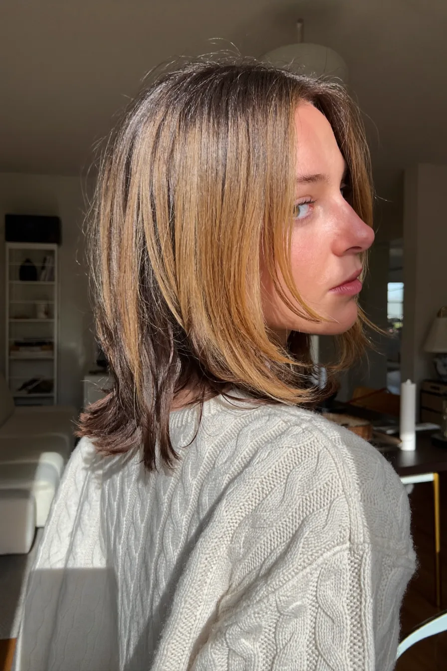 Shoulder-Length Long Layers with Balayage and Curtain Bangs