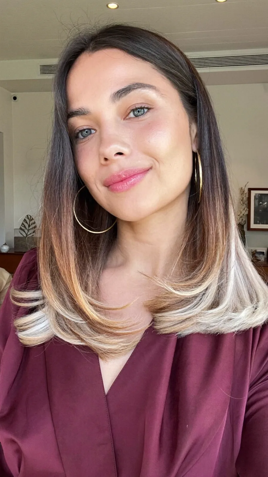 Classic Shoulder-Length Long Layers with Blonde Balayage Flicked Ends