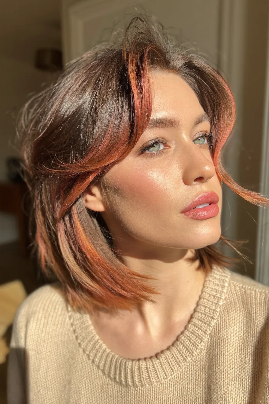 Voluminous Shoulder-Length Hair with Copper Money Piece Highlights