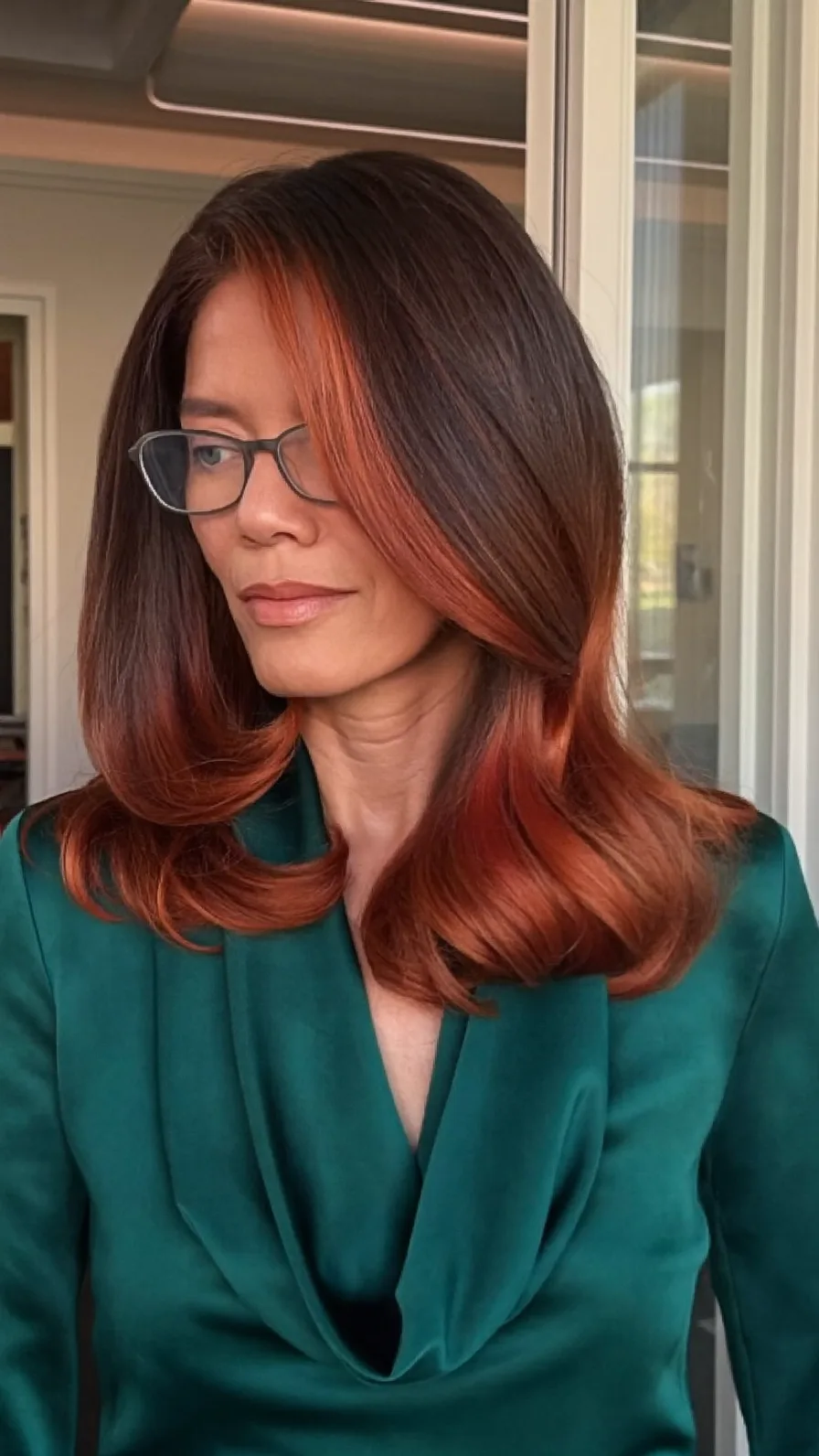 Modern Balayage Long Layers with Side-Swept Flicked Ends