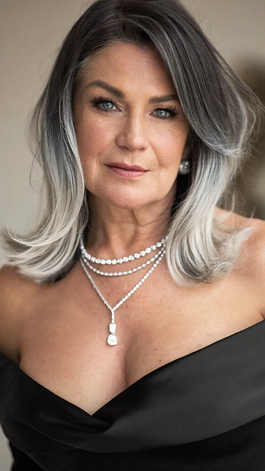 Elegant Shoulder-Length Long Layers with Silver Grey Ombre
