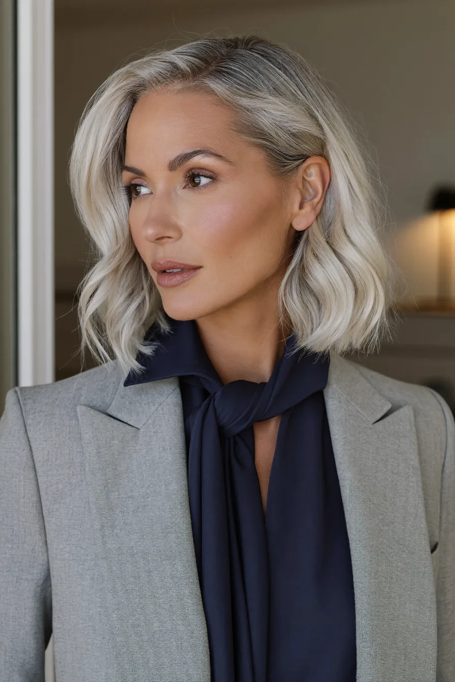 Sophisticated Textured Lob with Cool Platinum Blonde Finish