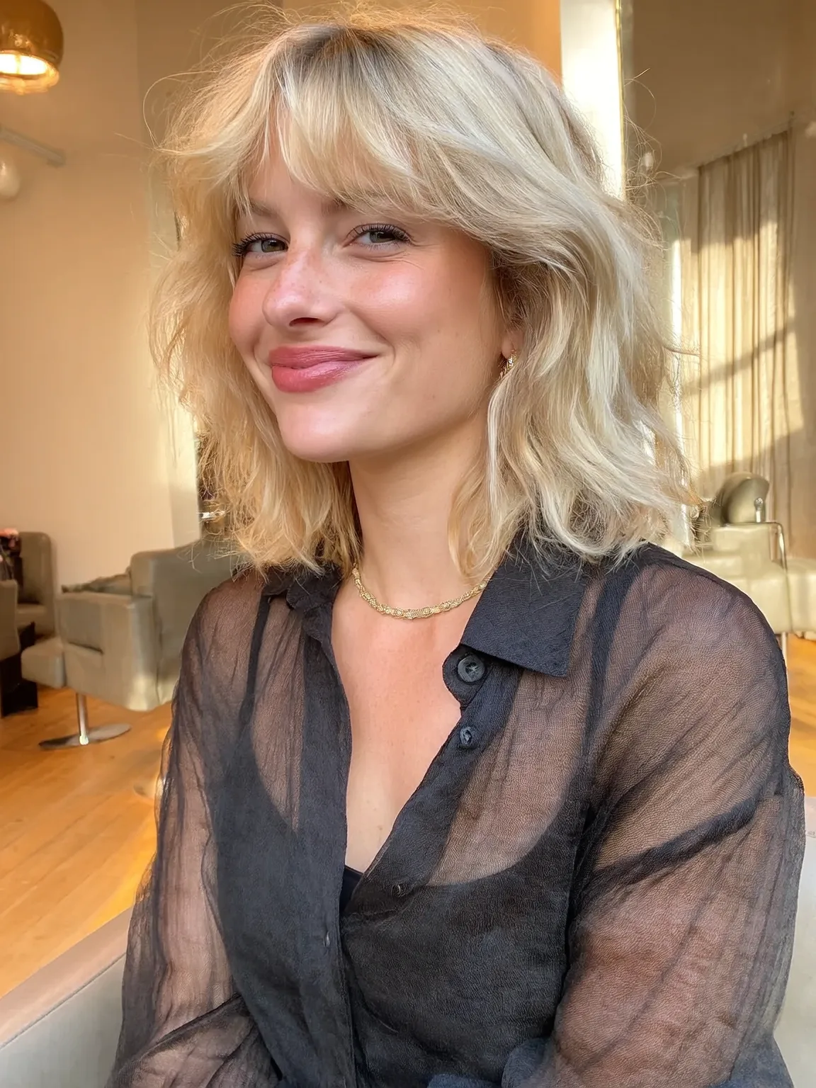 Shoulder-Length Wavy Shag with Vanilla Blonde Sheen