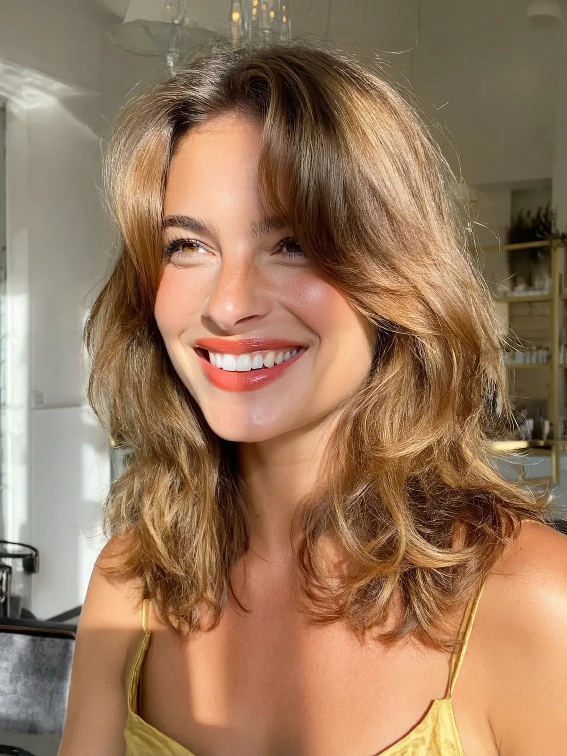 Shoulder-Length Wavy Lob with Soft Curtain Bangs