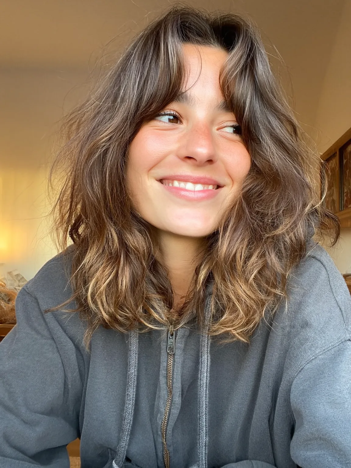 Shoulder-Length Shag with Curtain Bangs in Caramel Brown