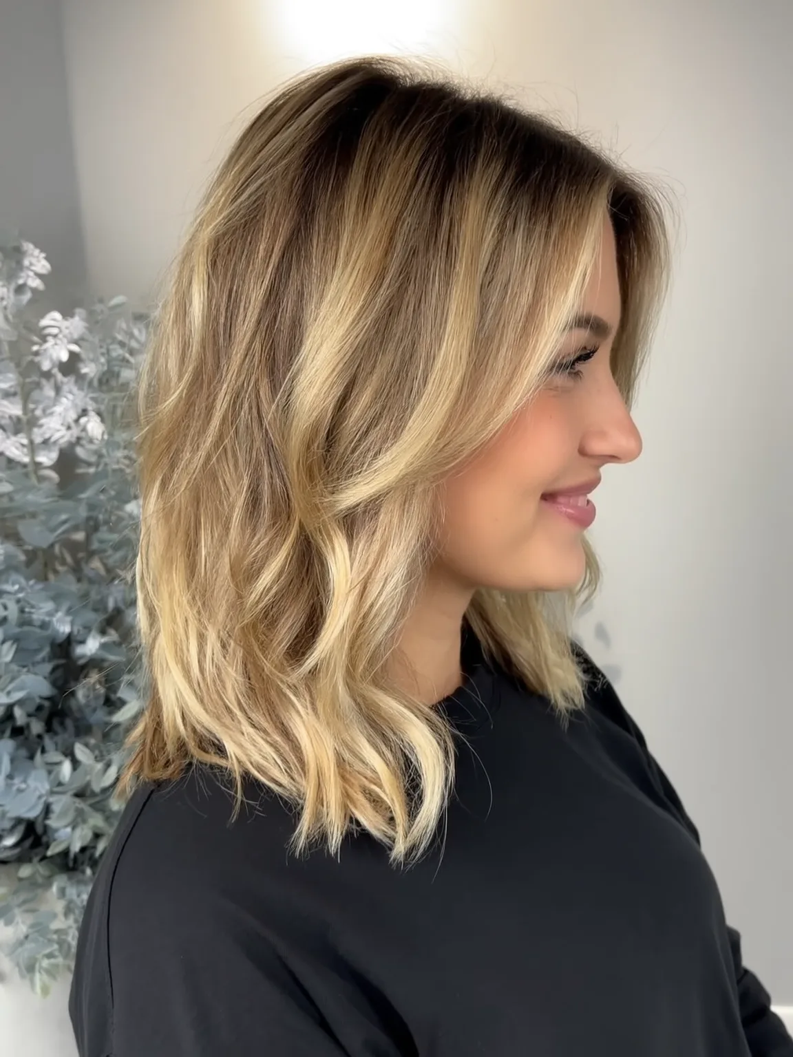 Honey Blonde Balayage Wavy Lob with Long Bangs
