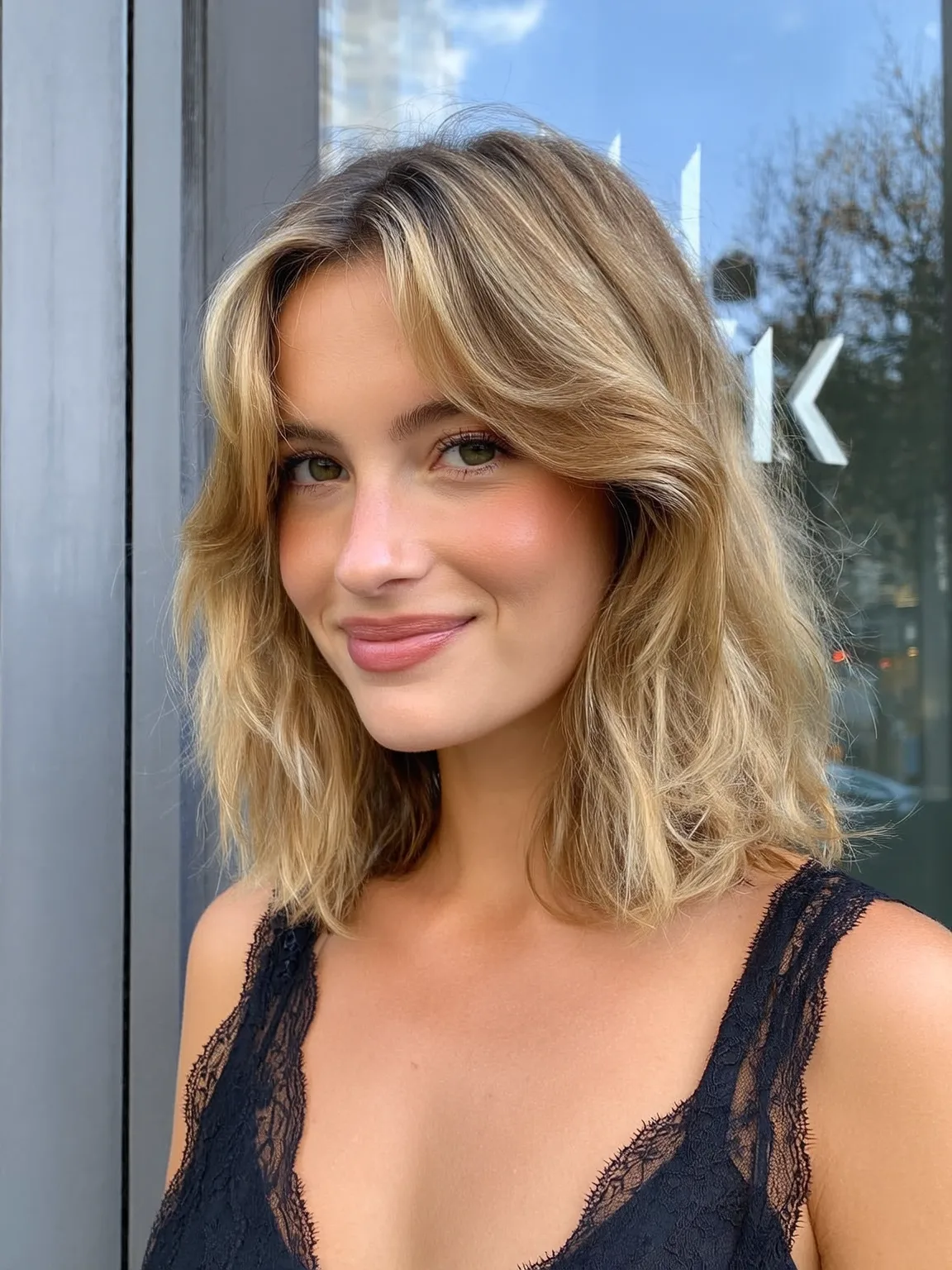 Honey Blonde Balayage Wavy Lob with Curtain Bangs